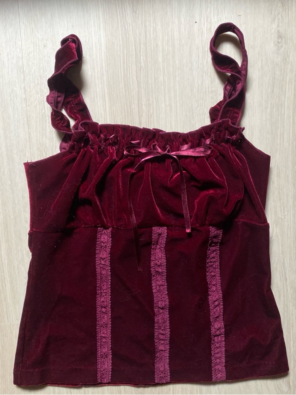 ***SOLD***
Express Burgundy Velvet Ruffle Strap Camisole